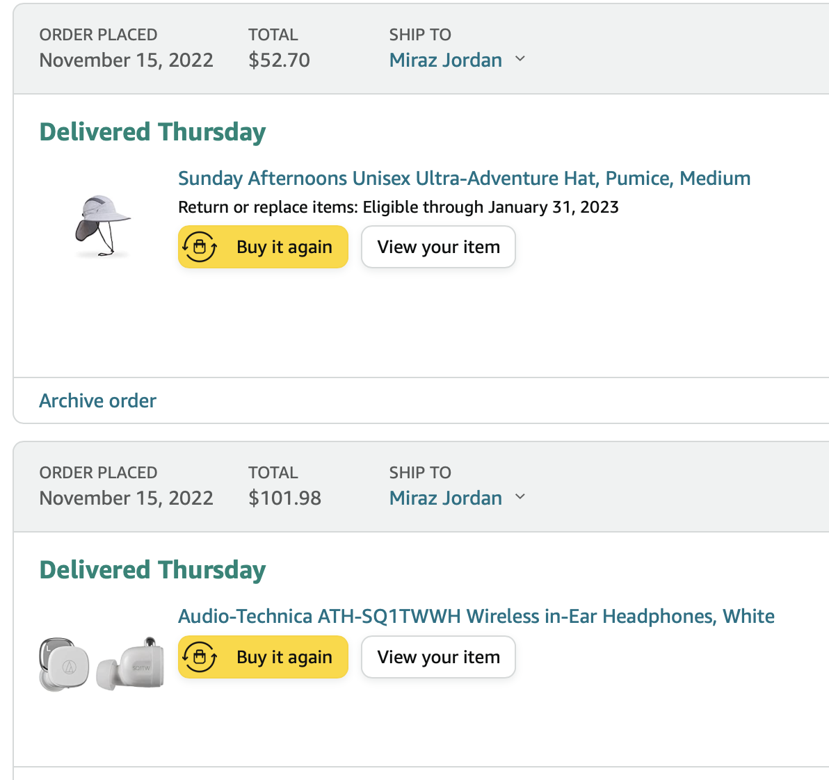 Screenshot of my orders for a sun hat and earbuds. 