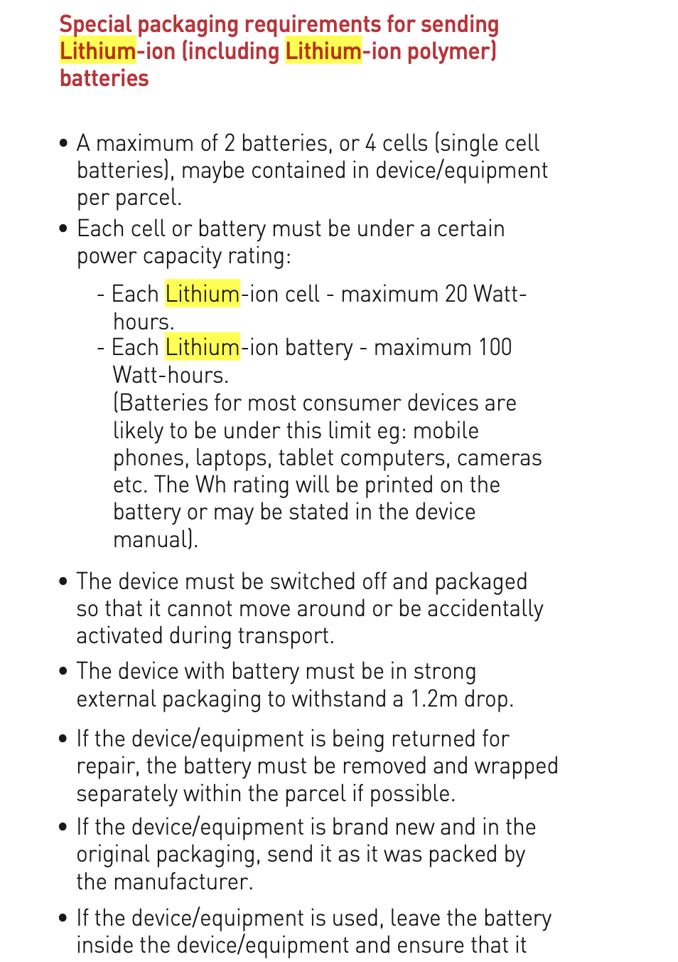 Screenshot of packaging rules for batteries. 