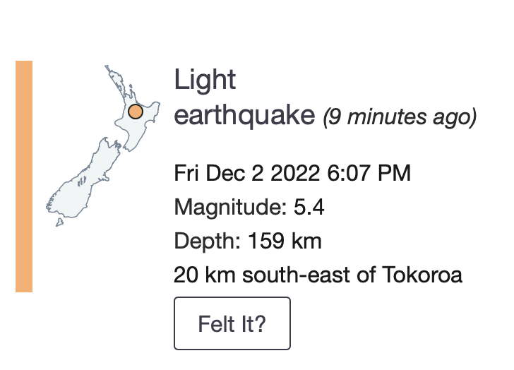 Screenshot of earthquake listing. 