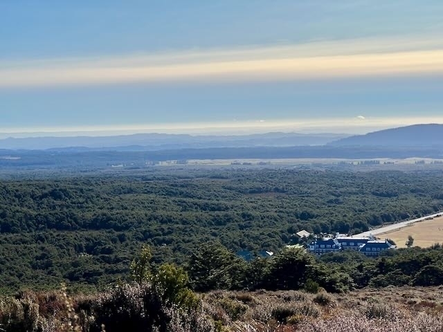 View across the landscape from Ridge Track, with The Chateau in the foreground at the right. 