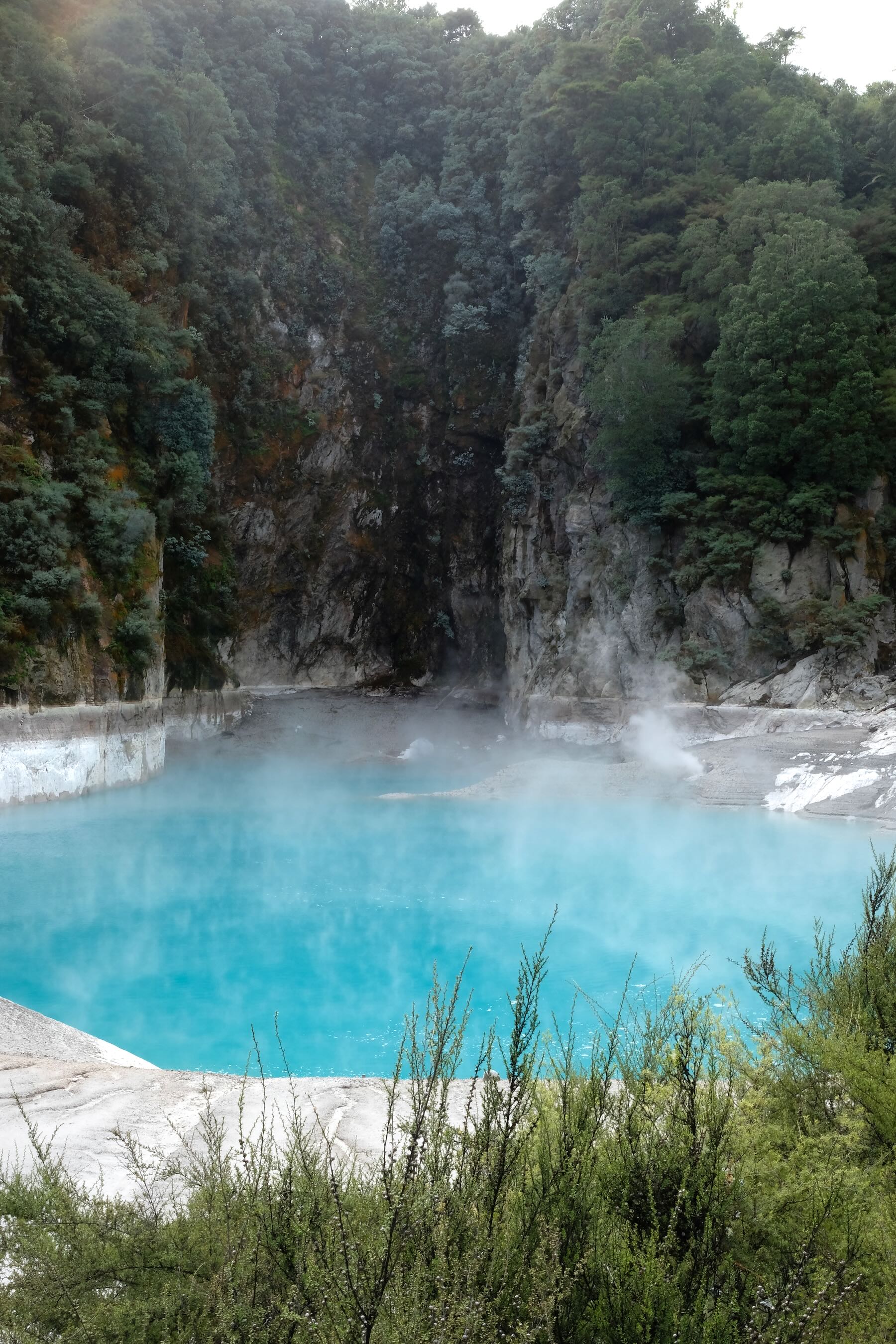 Bright blue thermal lake surrounded by bush. 