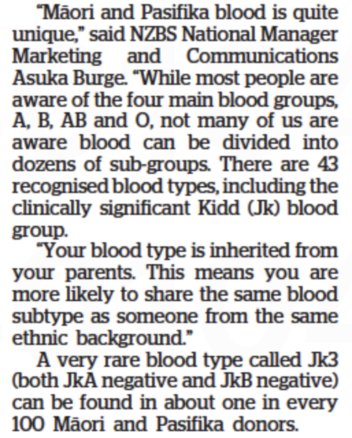 Screenshot from article mentioning 43 different blood types. 
