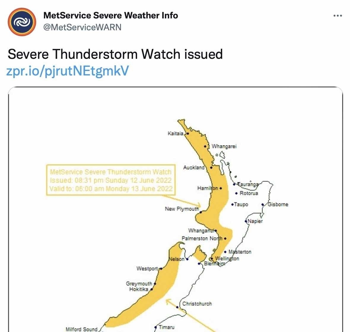 Map showing severe thunderstorm watch for most of the west coast of Aotearoa New Zealand. 