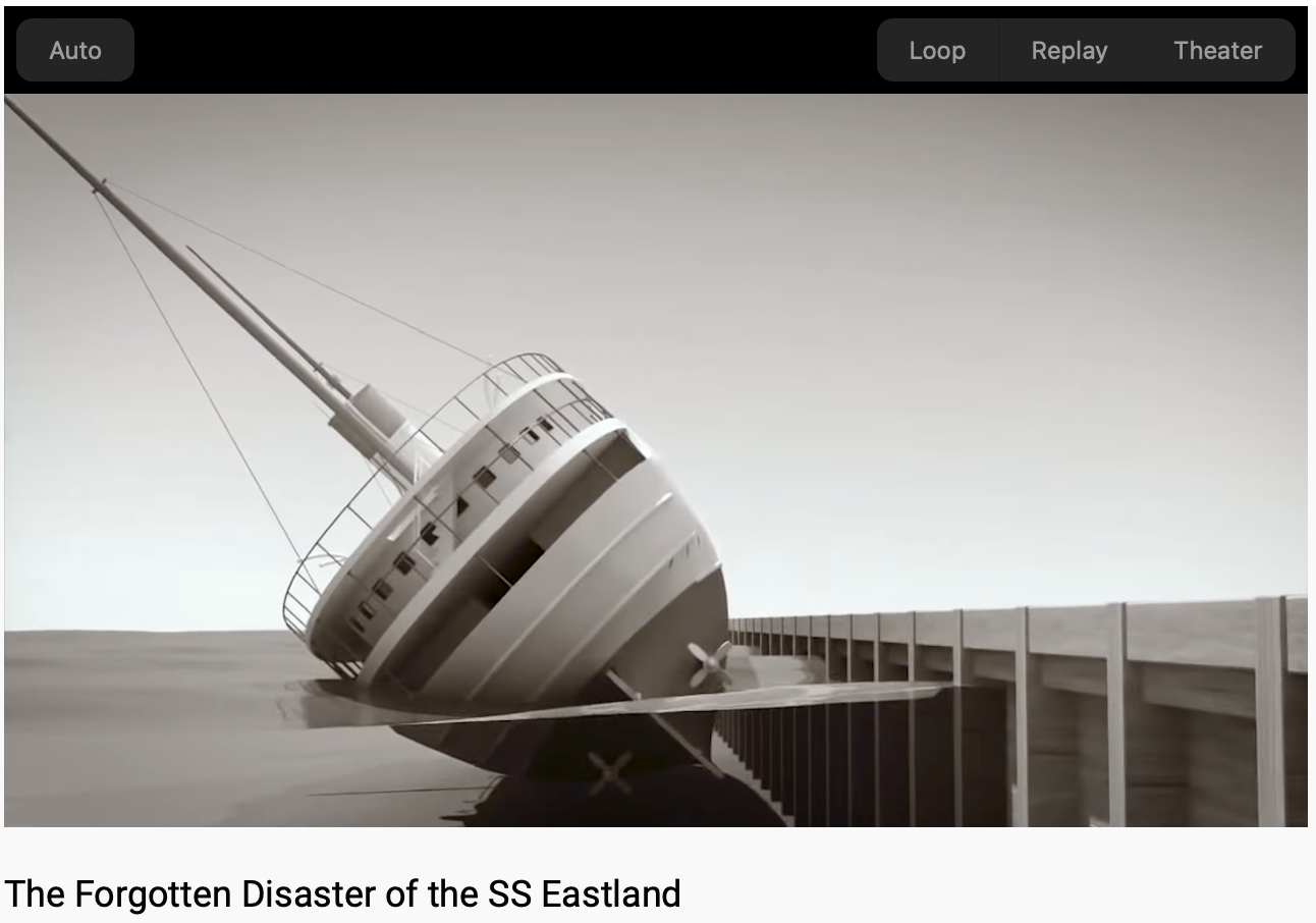 Screen Shot from The Forgotten Disaster of the SS Eastland shows a sketch of a large boat listing to port. 