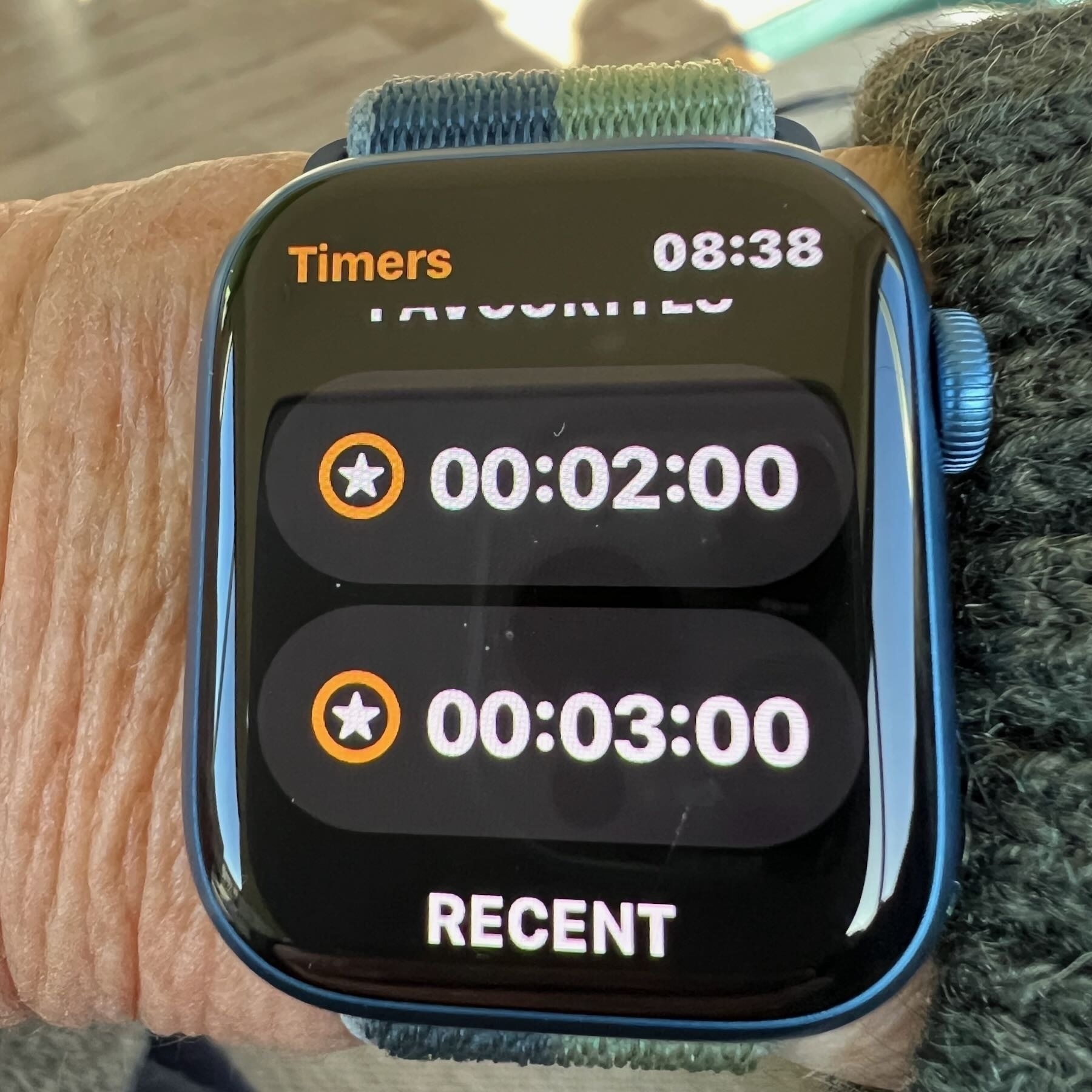 Watch face showing Favourite timers. 