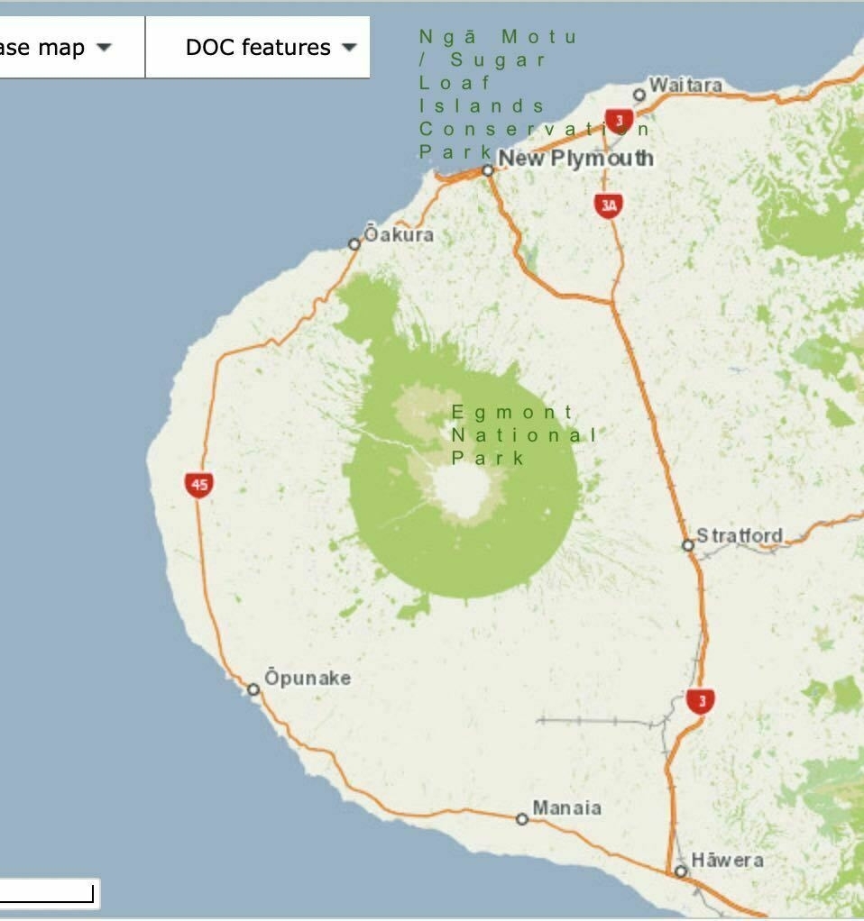 Map showing location of Egmont National Park in Taranaki.  