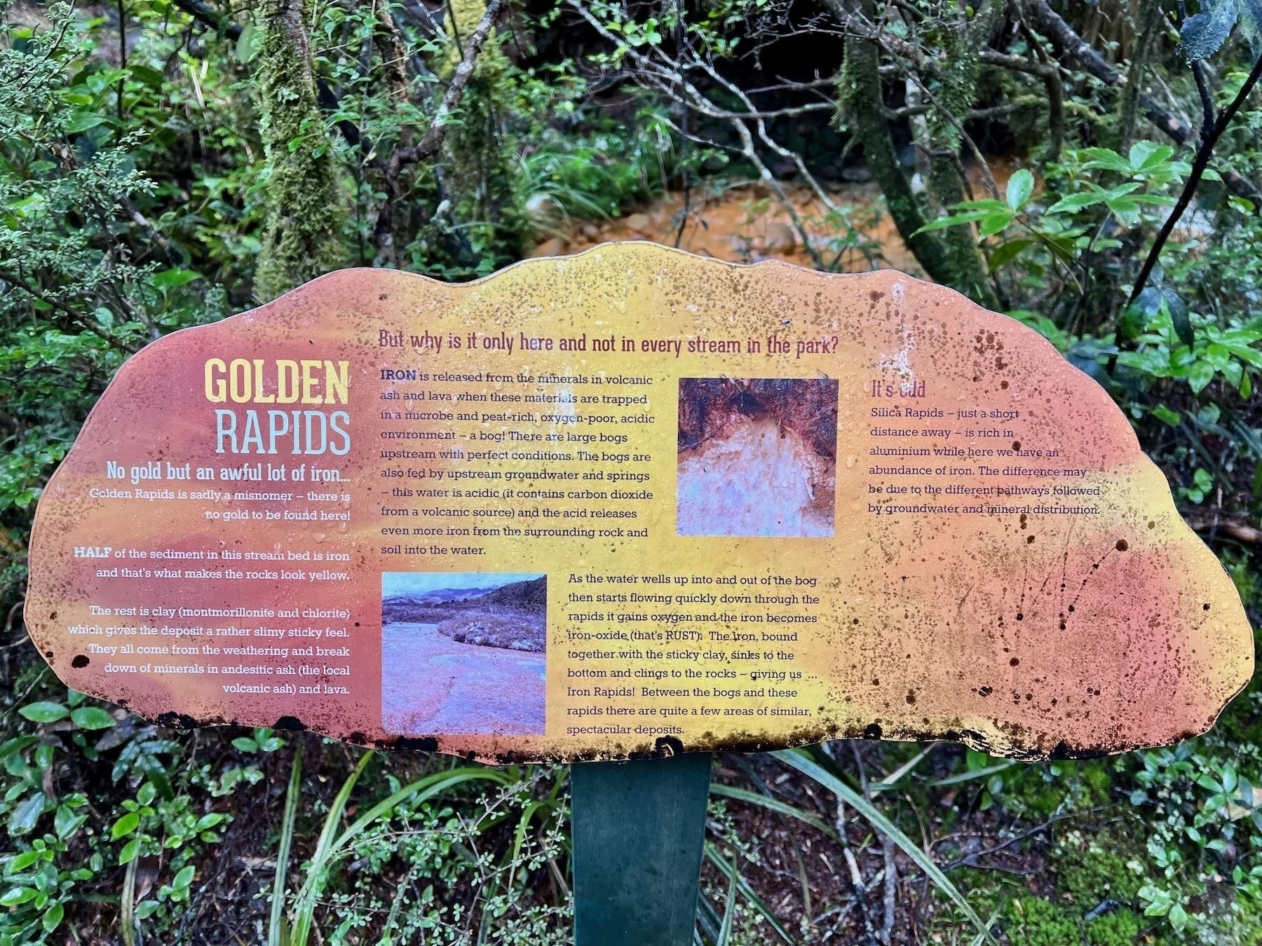 Sign explaining the yellow comes from iron and clay. 