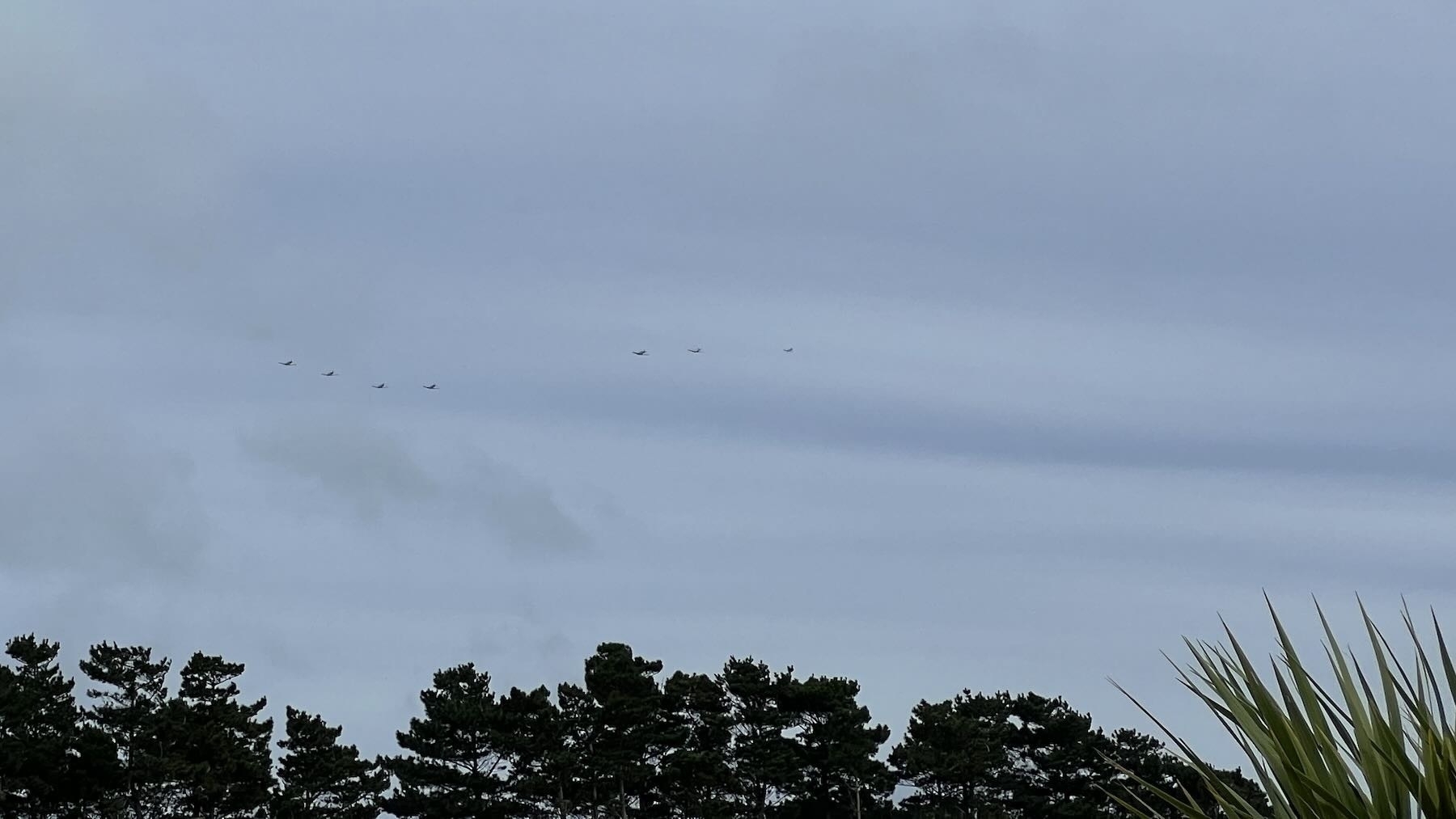 Seven planes flying over in formation. 