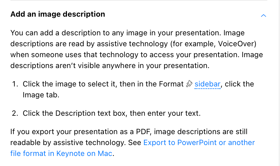 Keynote Help tells how to add image descriptions to be read by assistive tech. 