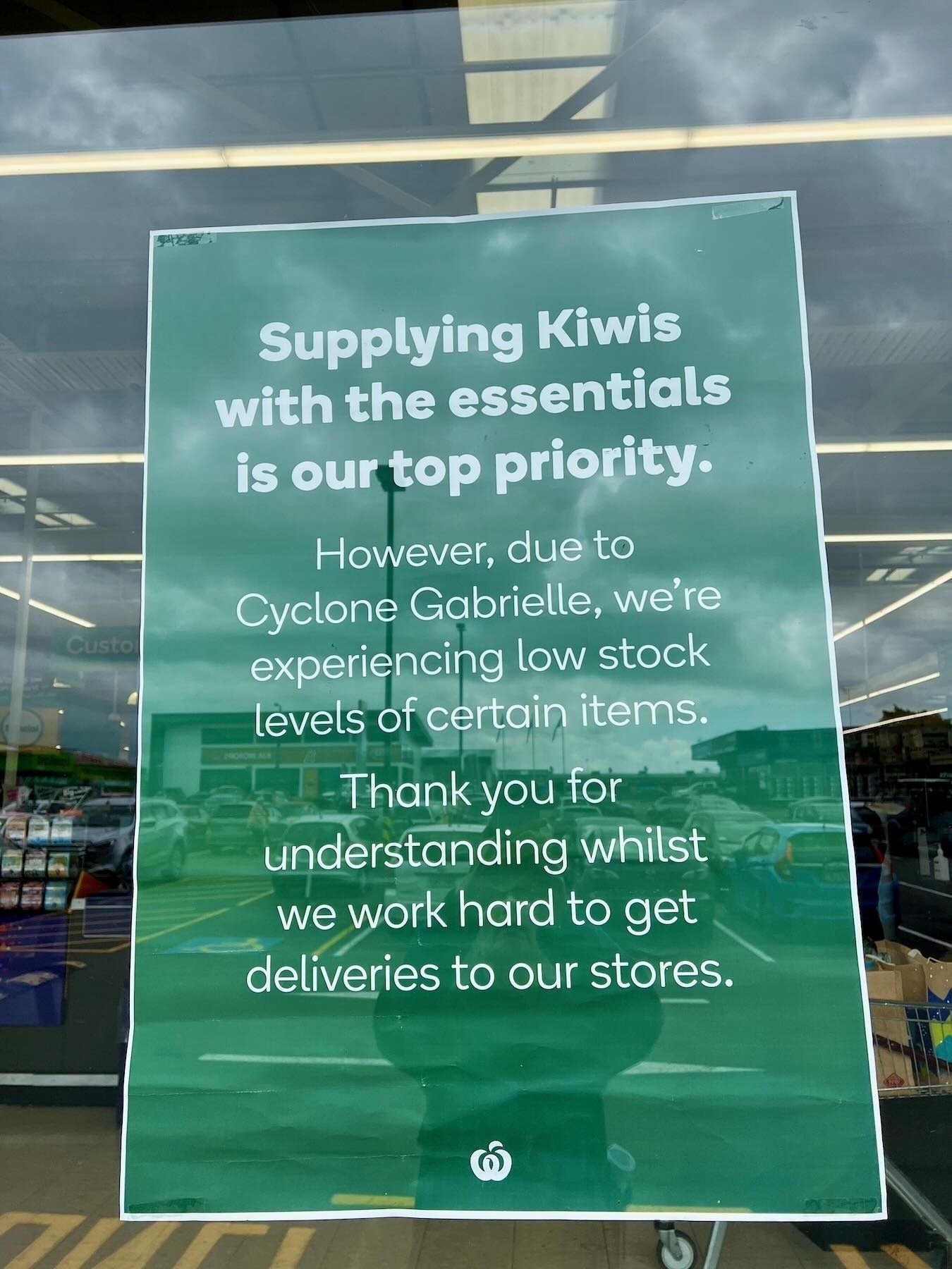 Supermarket low stock sign, thanks to Cyclone Gabrielle. 