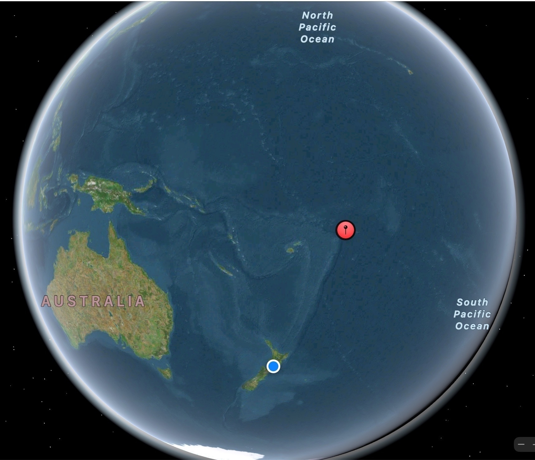 A red dot in the middle of the Pacific ocean north of Aotearoa New Zealand. 