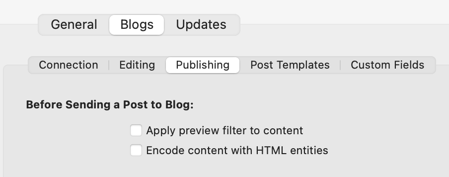 Blog settings with unchecked item about applying Preview Filter. 