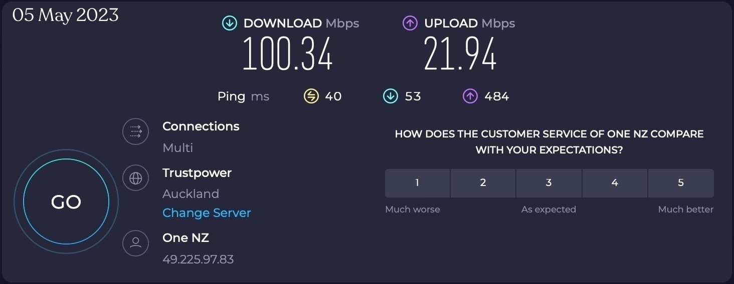 Speedtest shows 100MB up and 22 MB down. 