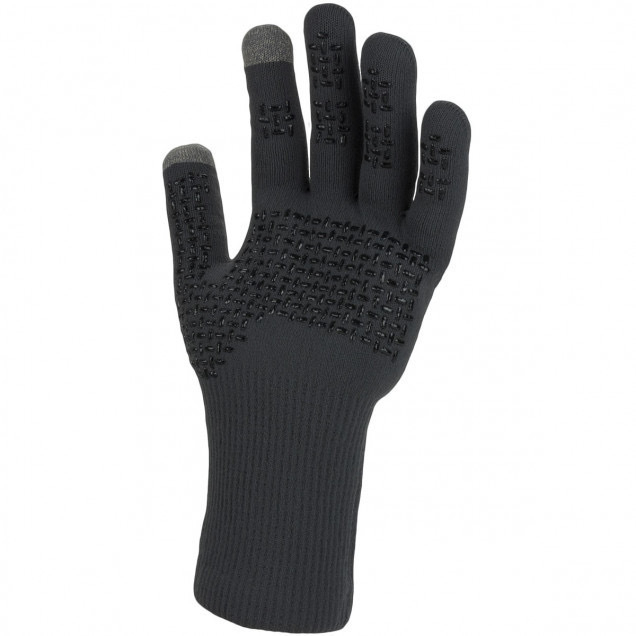 Black glove showing the silicone printed palm for grip. 