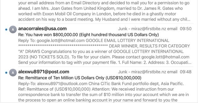 Screenshot of 3 scam / spam emails offering me vast sums of money. 