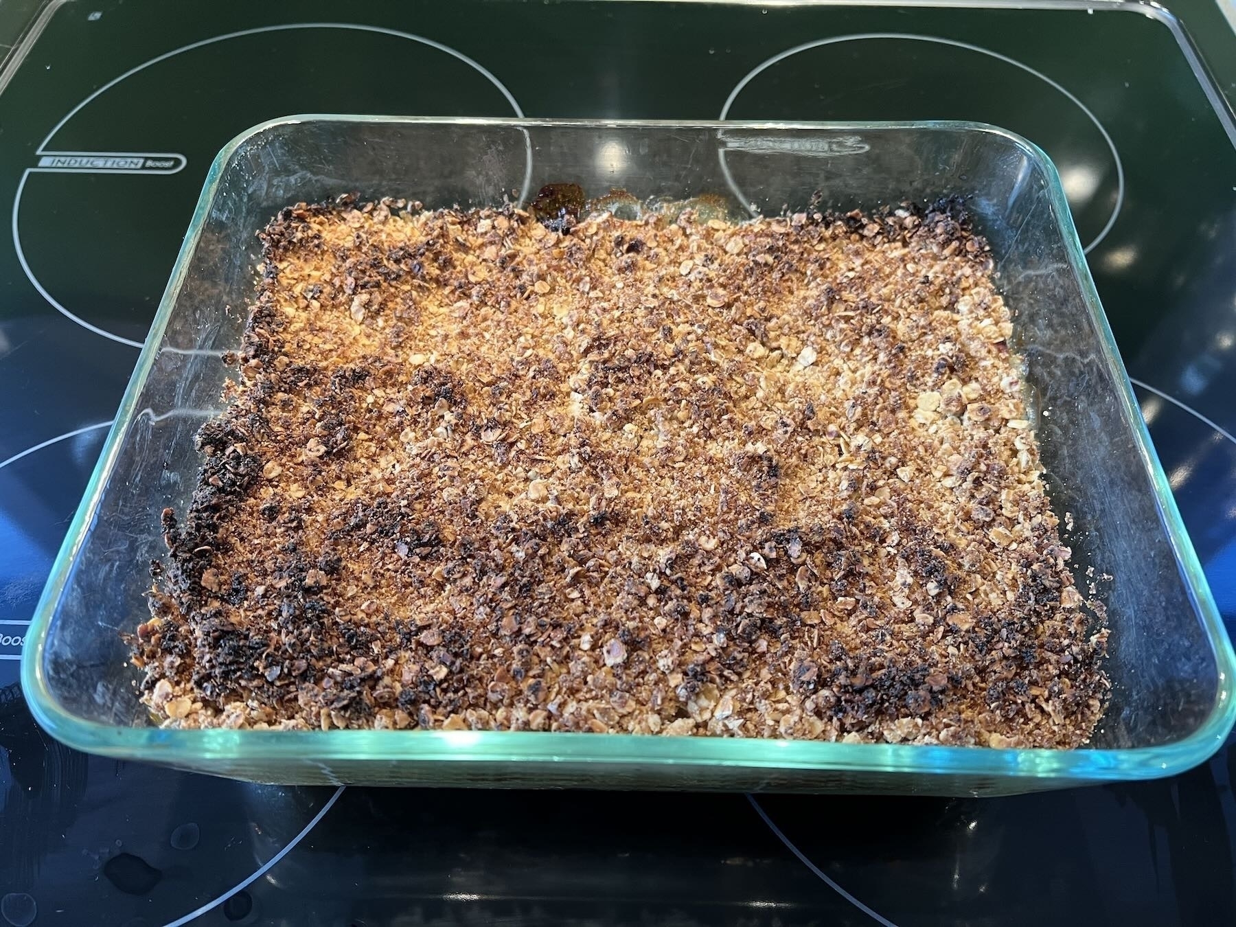 Apple crumble, browned, out of the oven and ready to eat. 