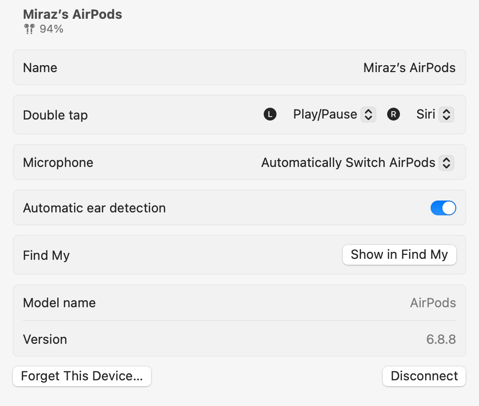 Airpods settings screen. 