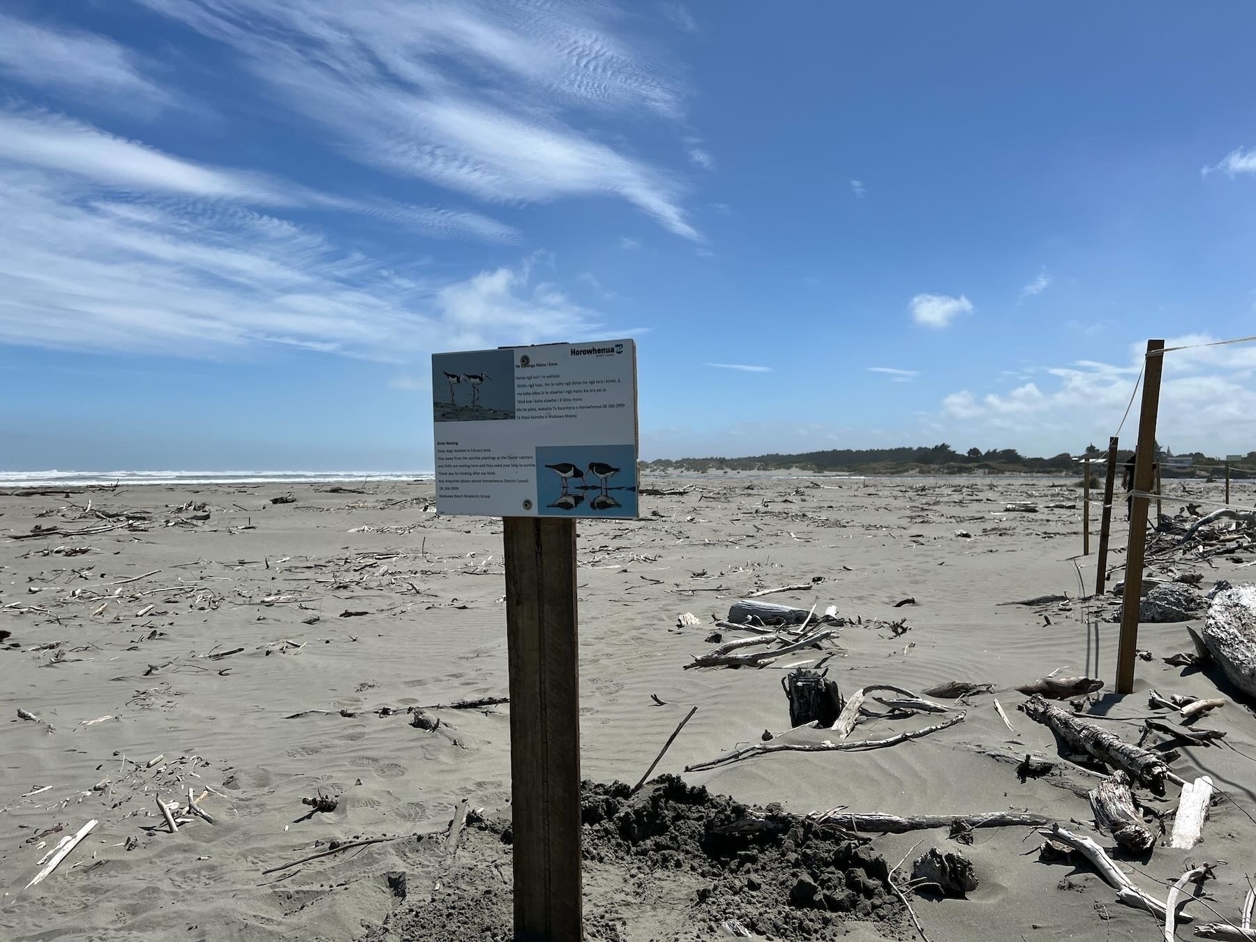 Erected sign in driftwood area with flat beach and sea beyond. 