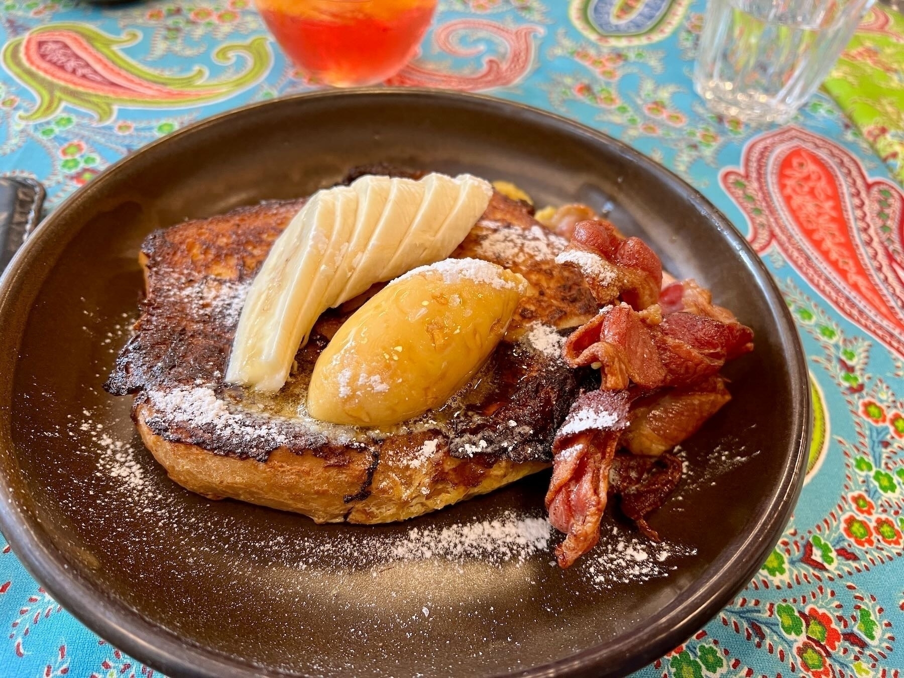 French toast brioche, banana, honeycomb butter and bacon. 