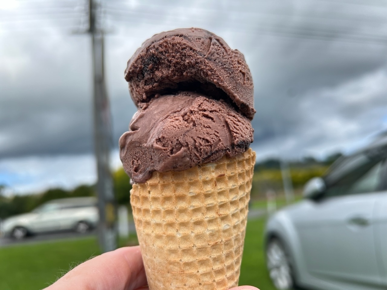 Chocolate icecream in a cone. 
