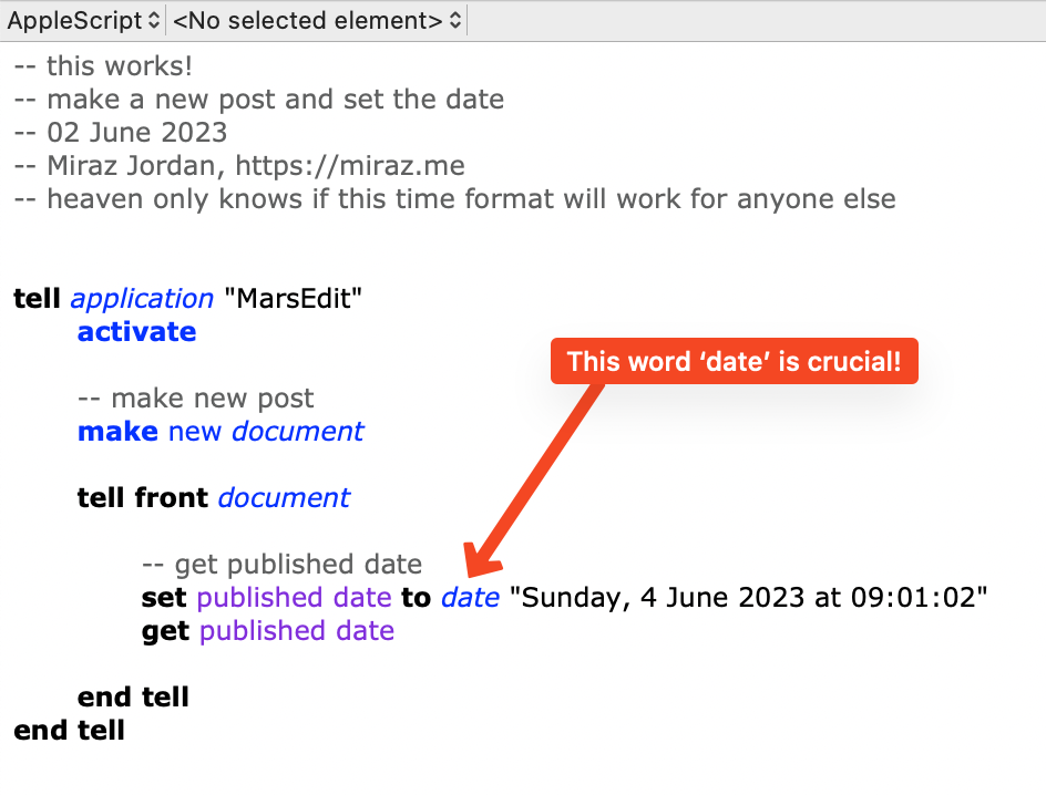 Screenshot of the script with a highlight that the word date just before the actual date is crucial. 