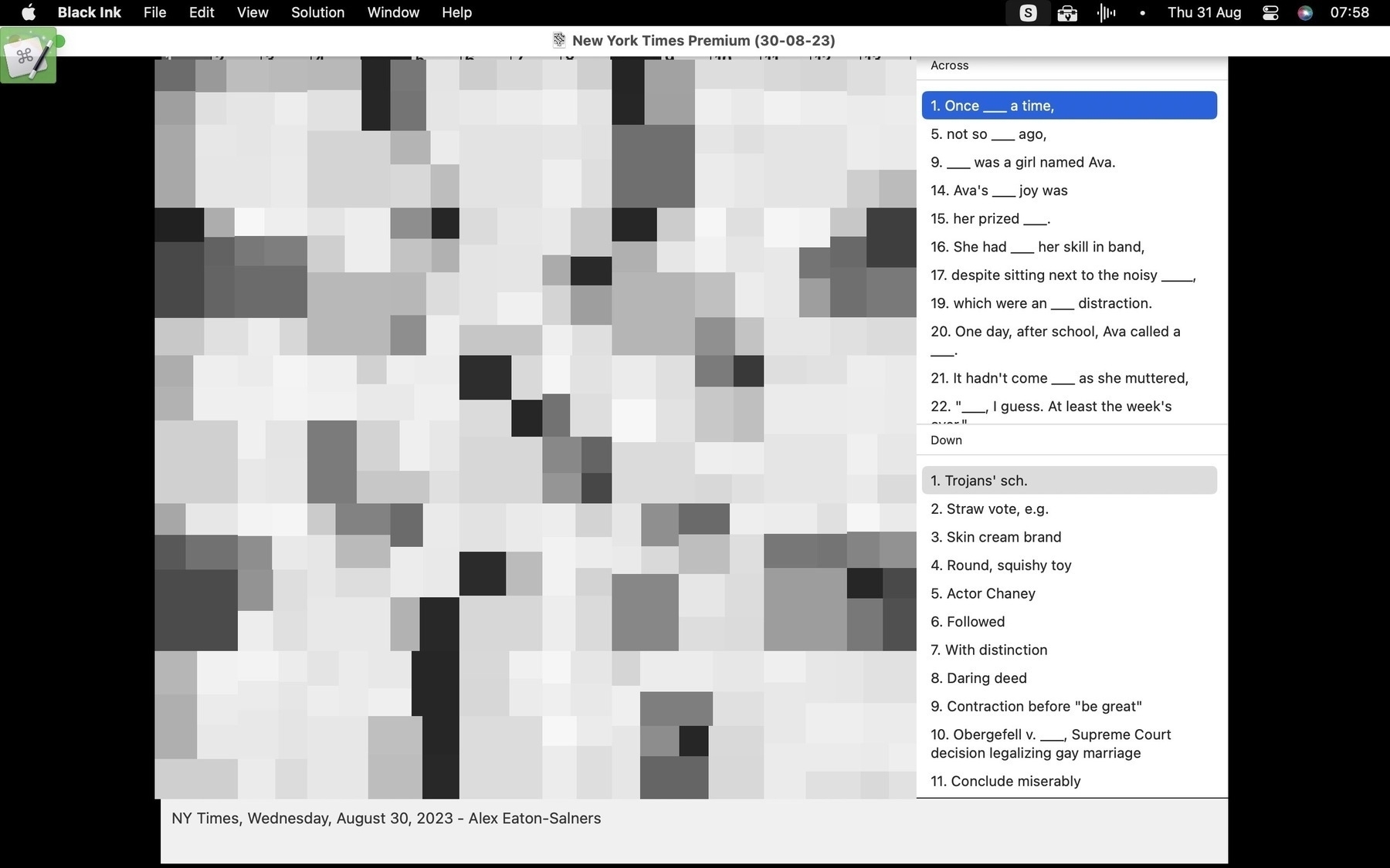 Crossword with answers obscured but some clues visible. 