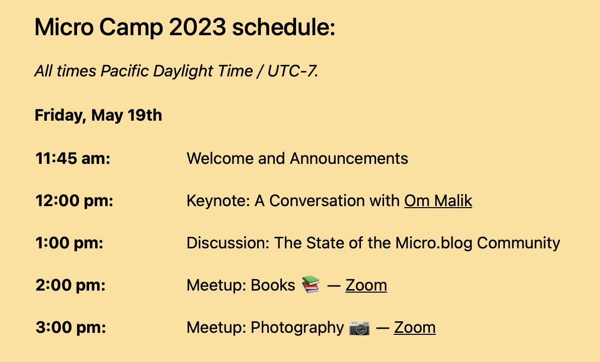 Micro Camp 2023 first day schedule. 