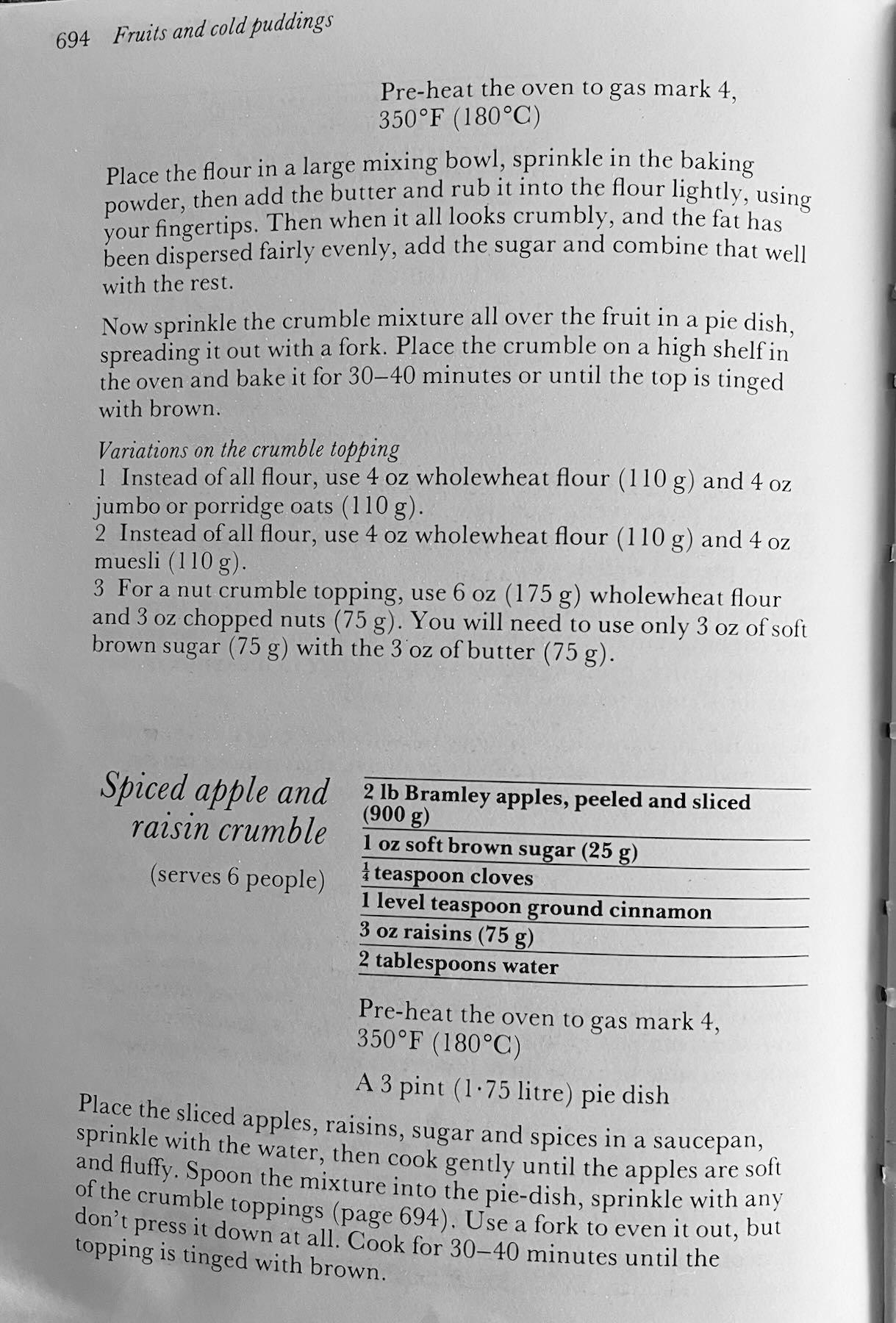 Crumble topping instructions and alternates and recipe for Spiced apple and raisin crumble