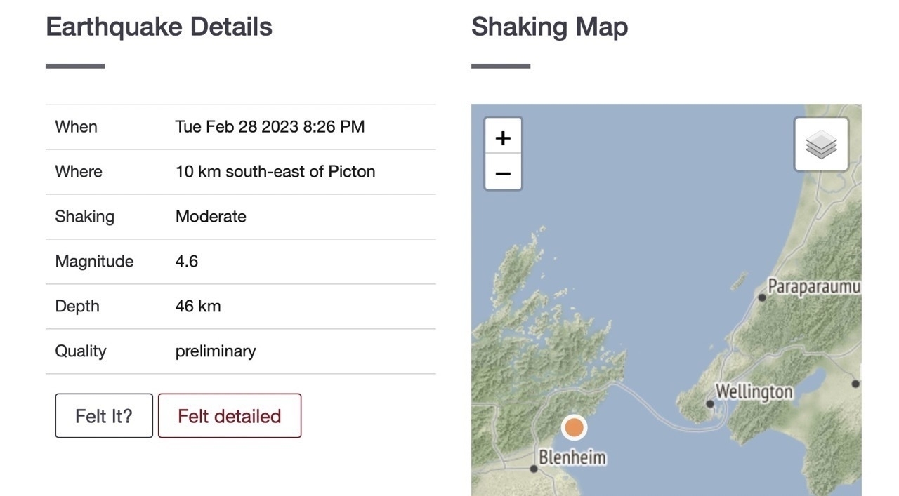 Screenshot of quake details. 