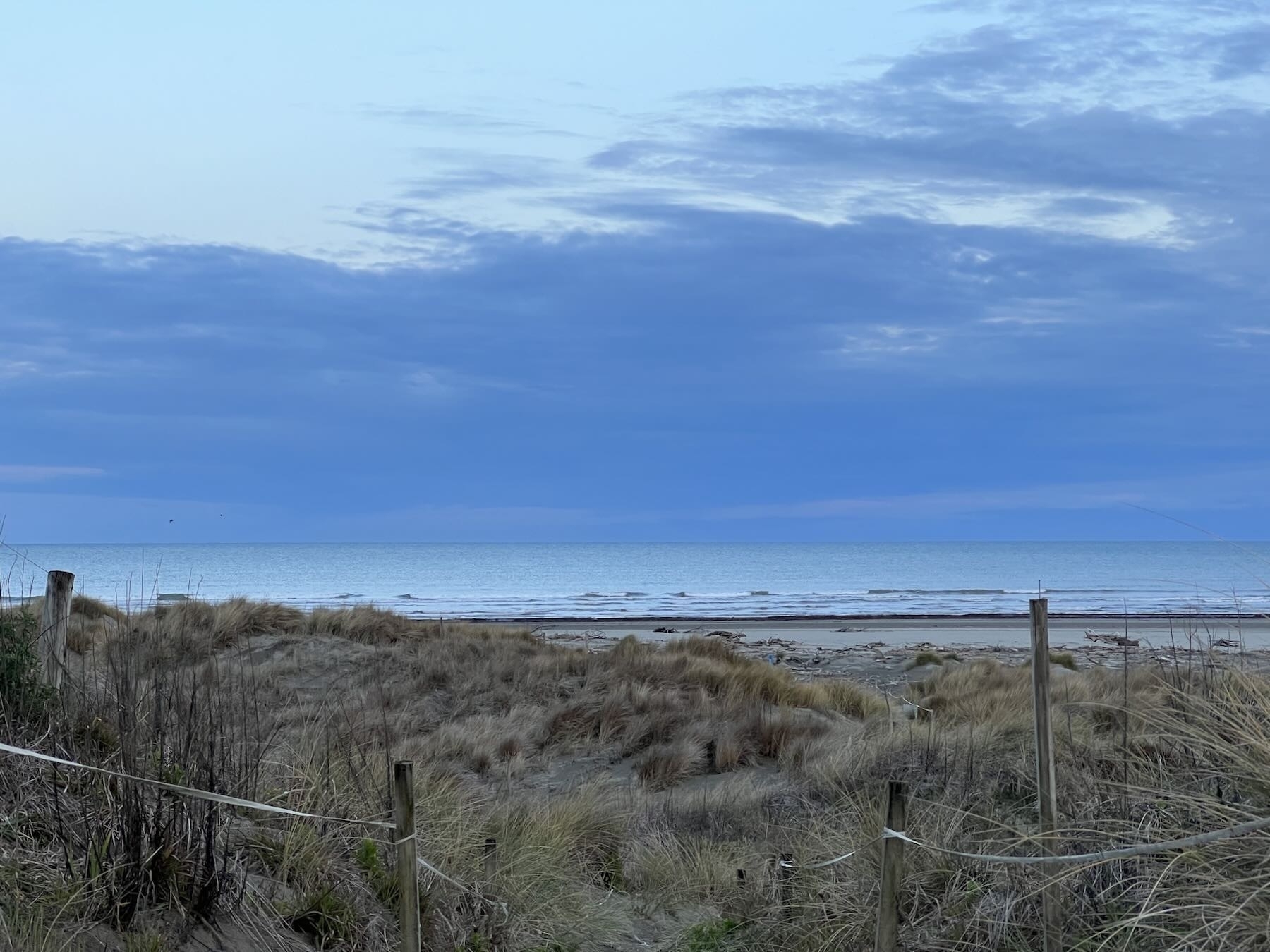 Pale milky blue sea  beyond dunes. 