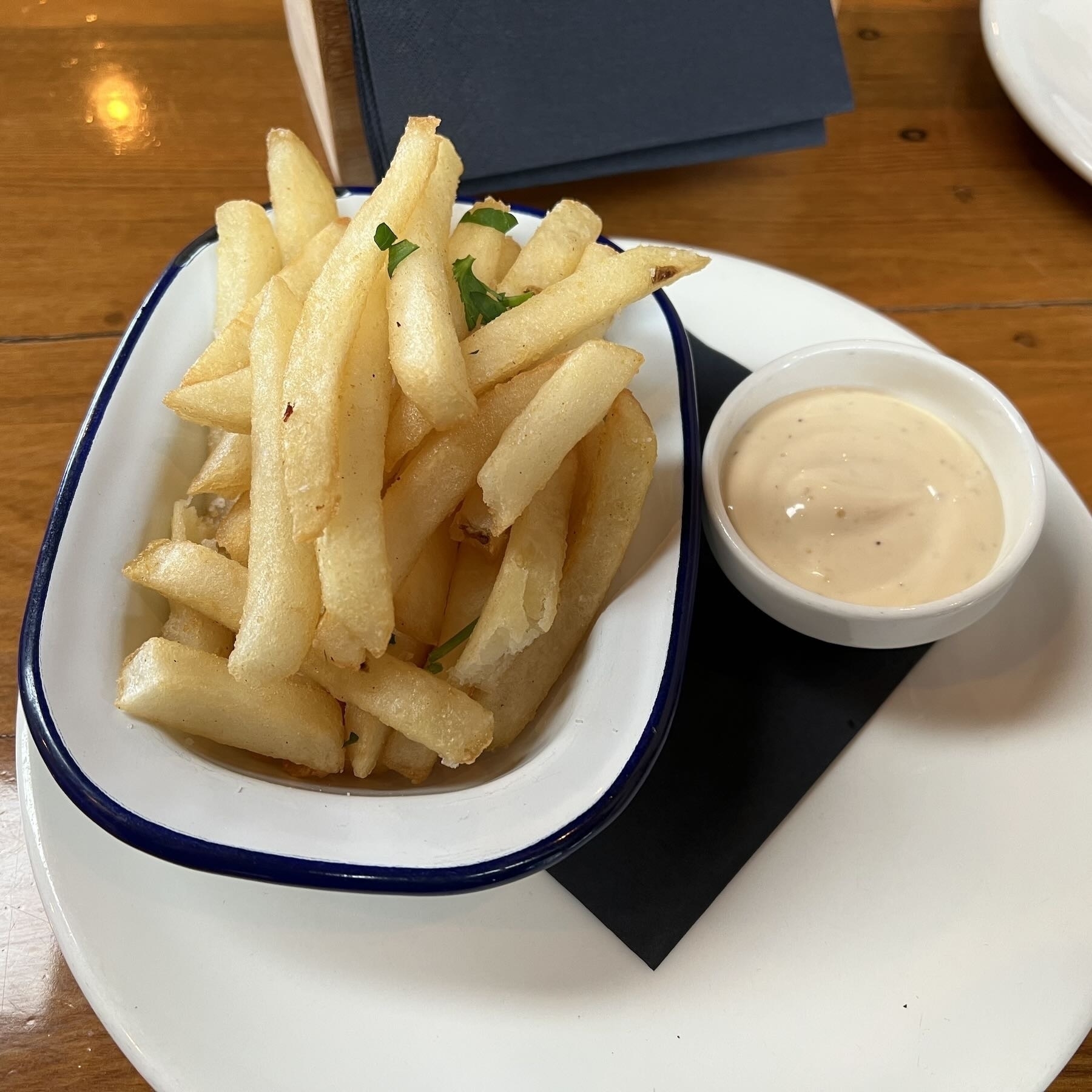 A plate of fries with aioli. 