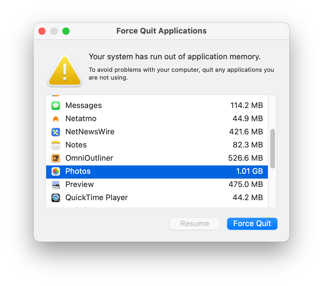 System Alert re insufficient memory and advice to quit apps. 