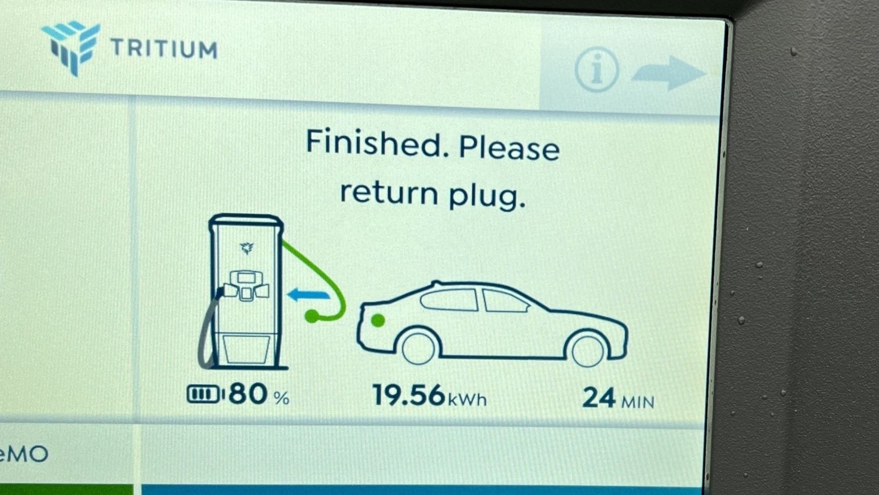 Screenshot of the charger screen showing car received 19.56kWh in 24 minutes and is now 80% charged. 