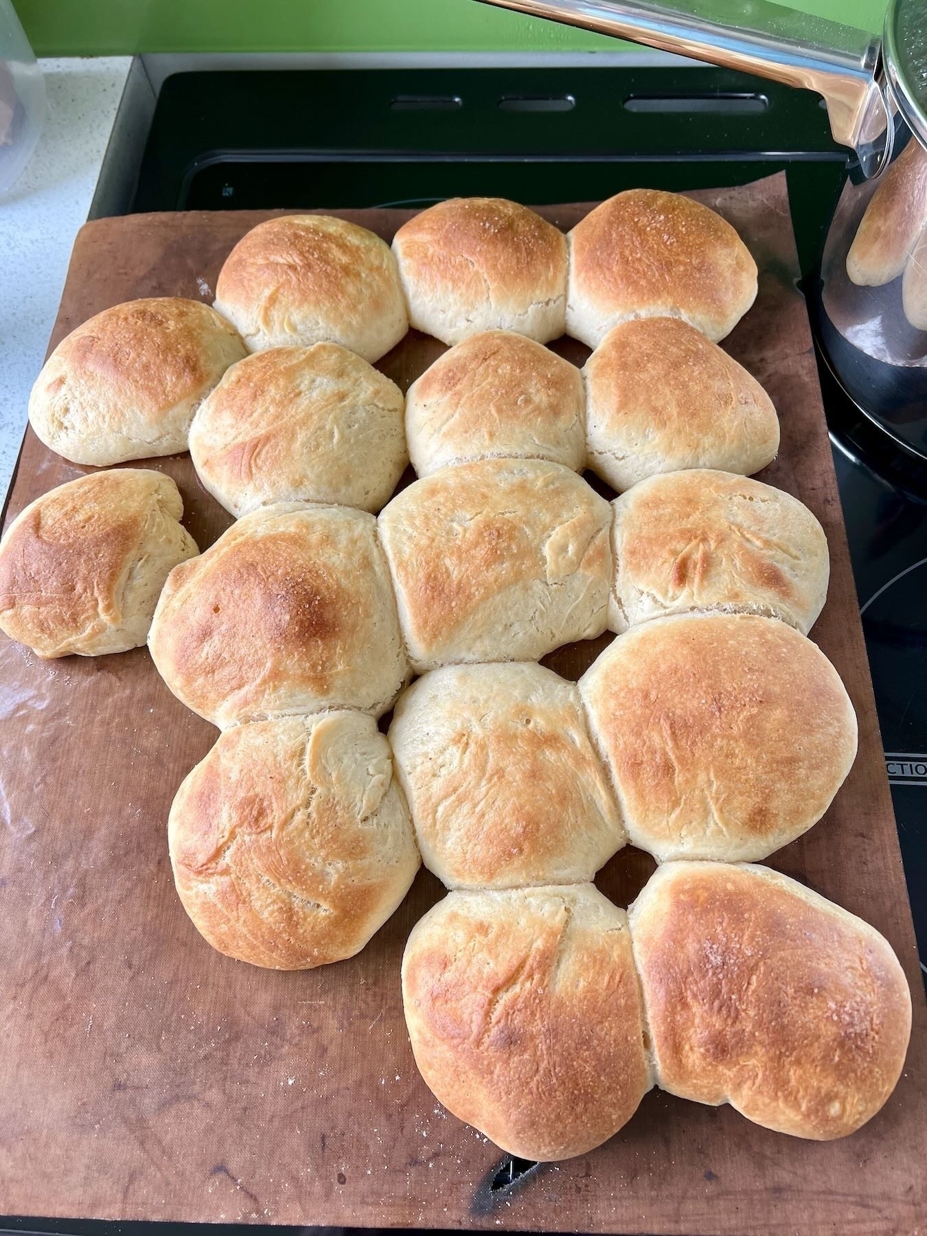 16 rolls with browned tops fresh from the oven. 