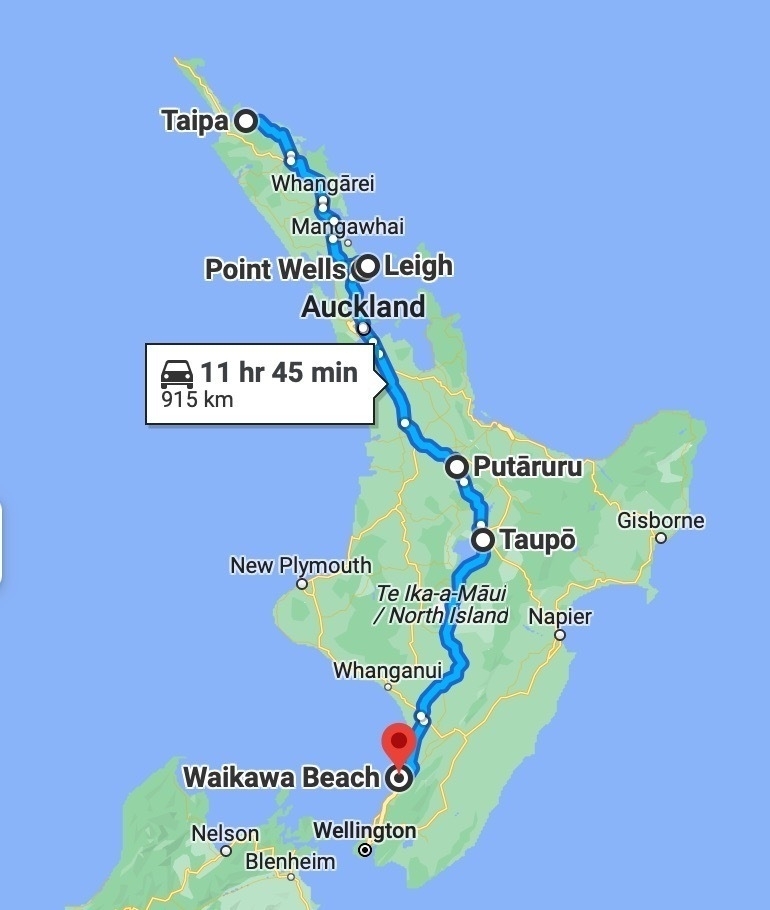 Route on a map from Taipā to Waikawa Beach. 