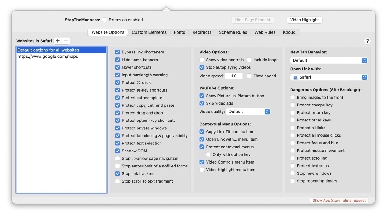 Stop the Madness Options screen, with Enabled unchecked. 