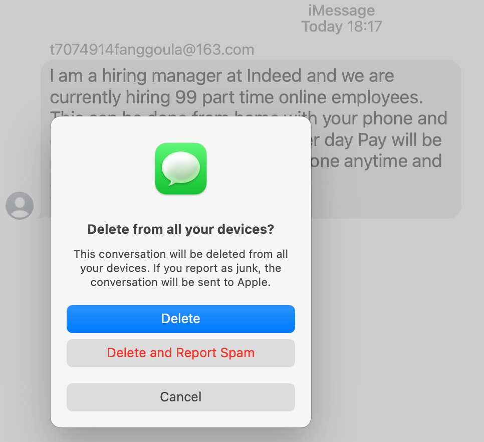 Dialog box: Delete and Report Spam. 