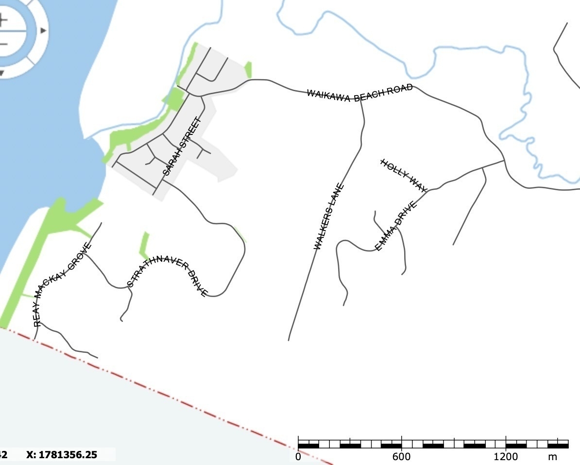 Map shows Waikawa Beach has very few roads and is tiny. 