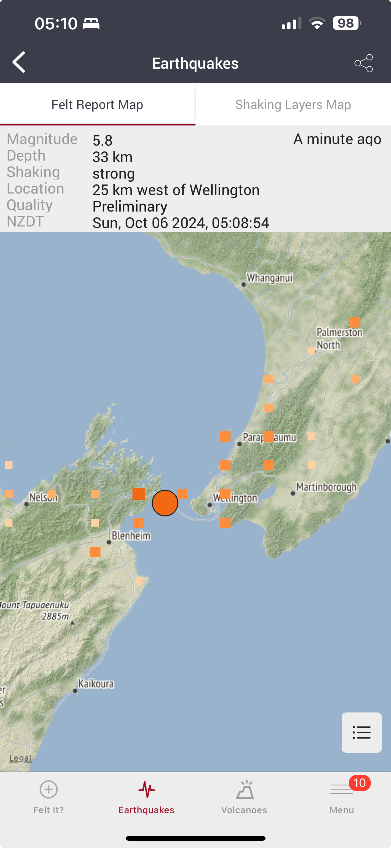 5.8 quake on 2024-10-06 at 05.10.43. 33 Km deep, 25 Km west of Wellington.