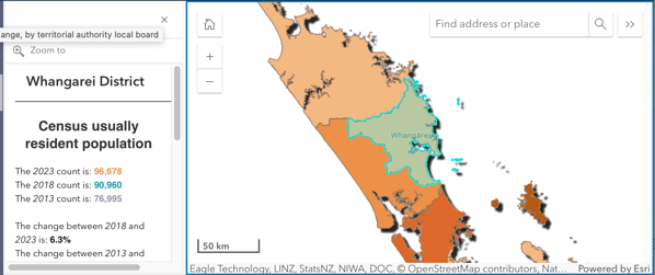 Map shows Whangārei District population is almost 97,000. 