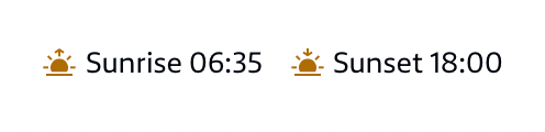 Sunrise 06:35; Sunset 18:00.