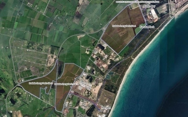 Satellite image showing the three sites of Meridian's planned Ruakākā Solar Farm. The battery site is at top right. Photo: Supplied / Meridian