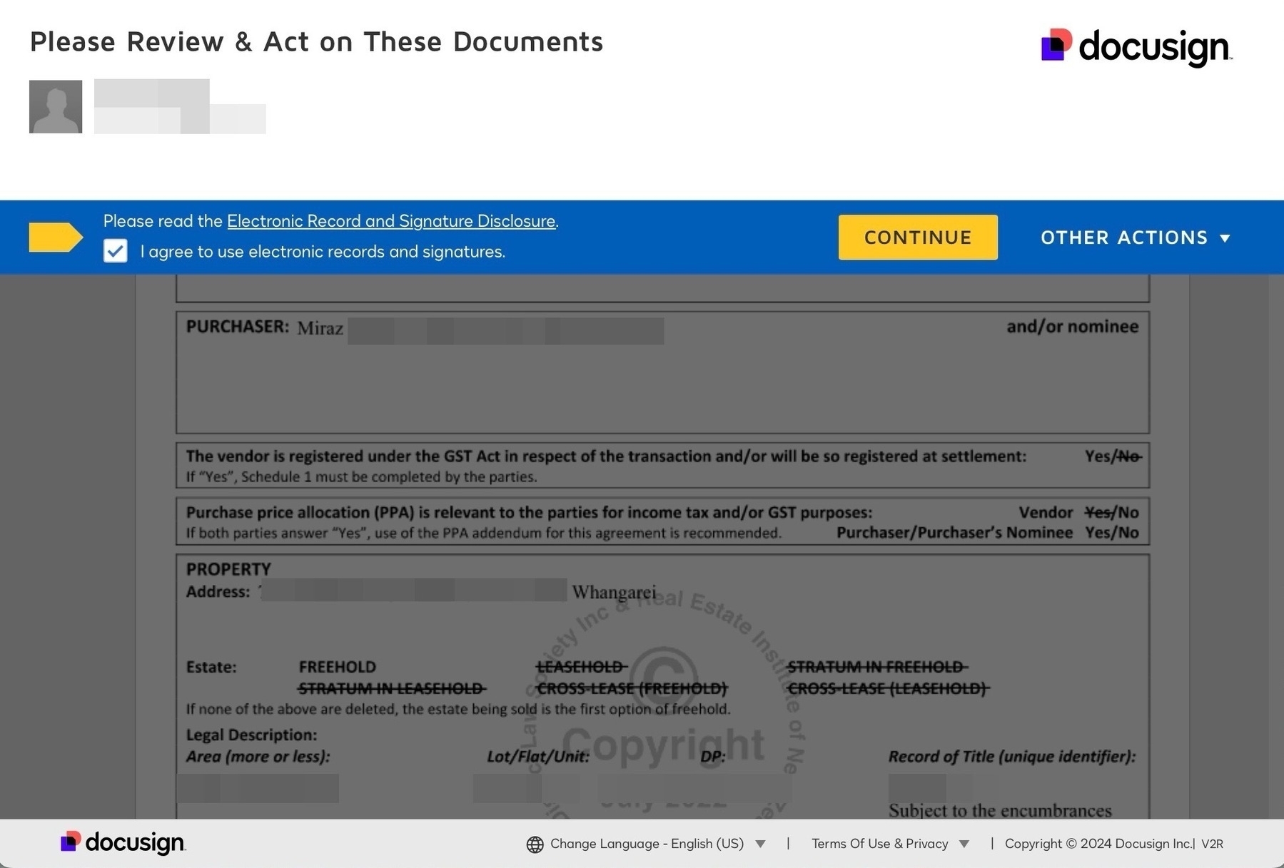 The first page os a document to be signed electronically. 