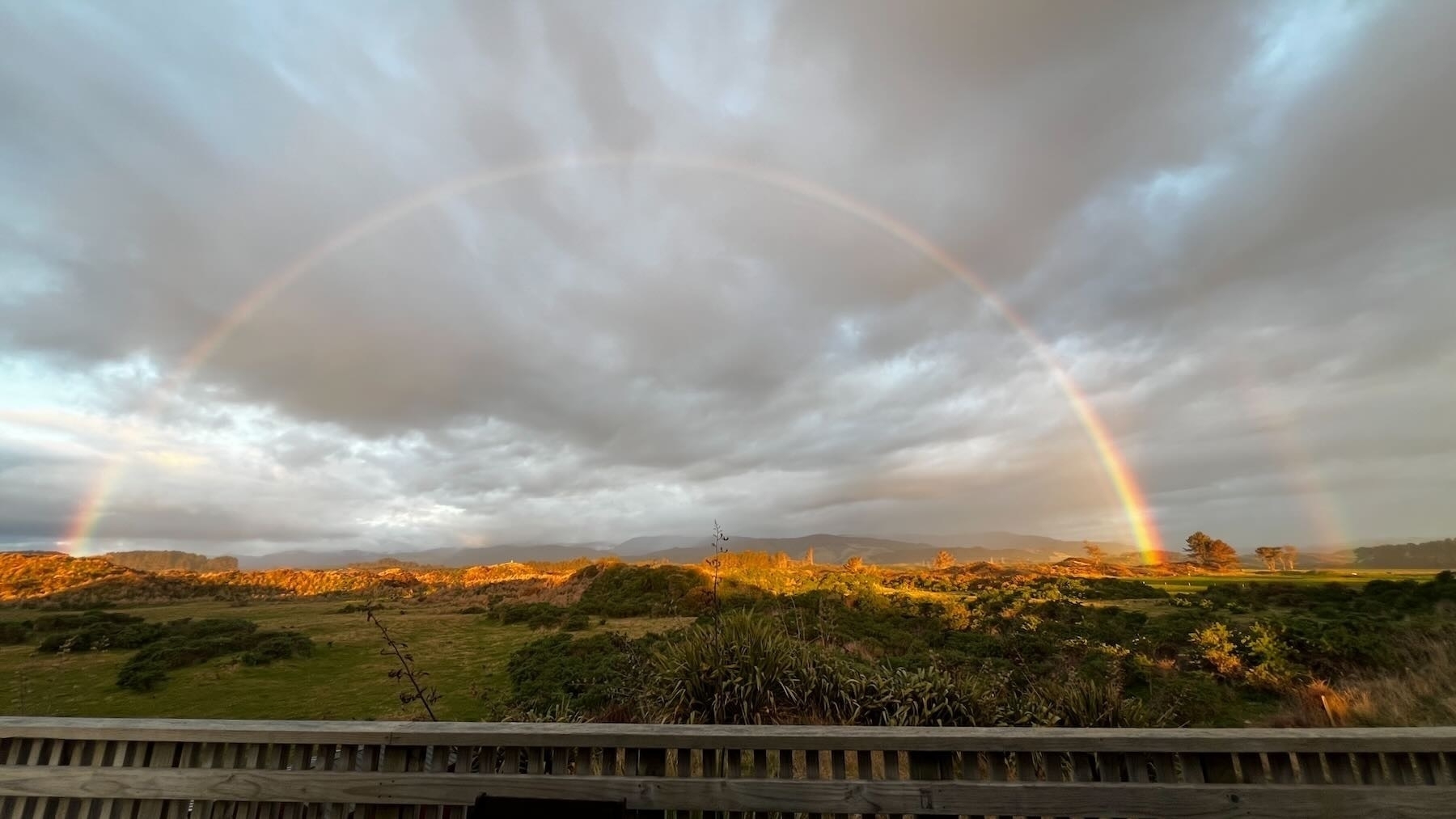 Double rainbow over farmland with golden vegetation.