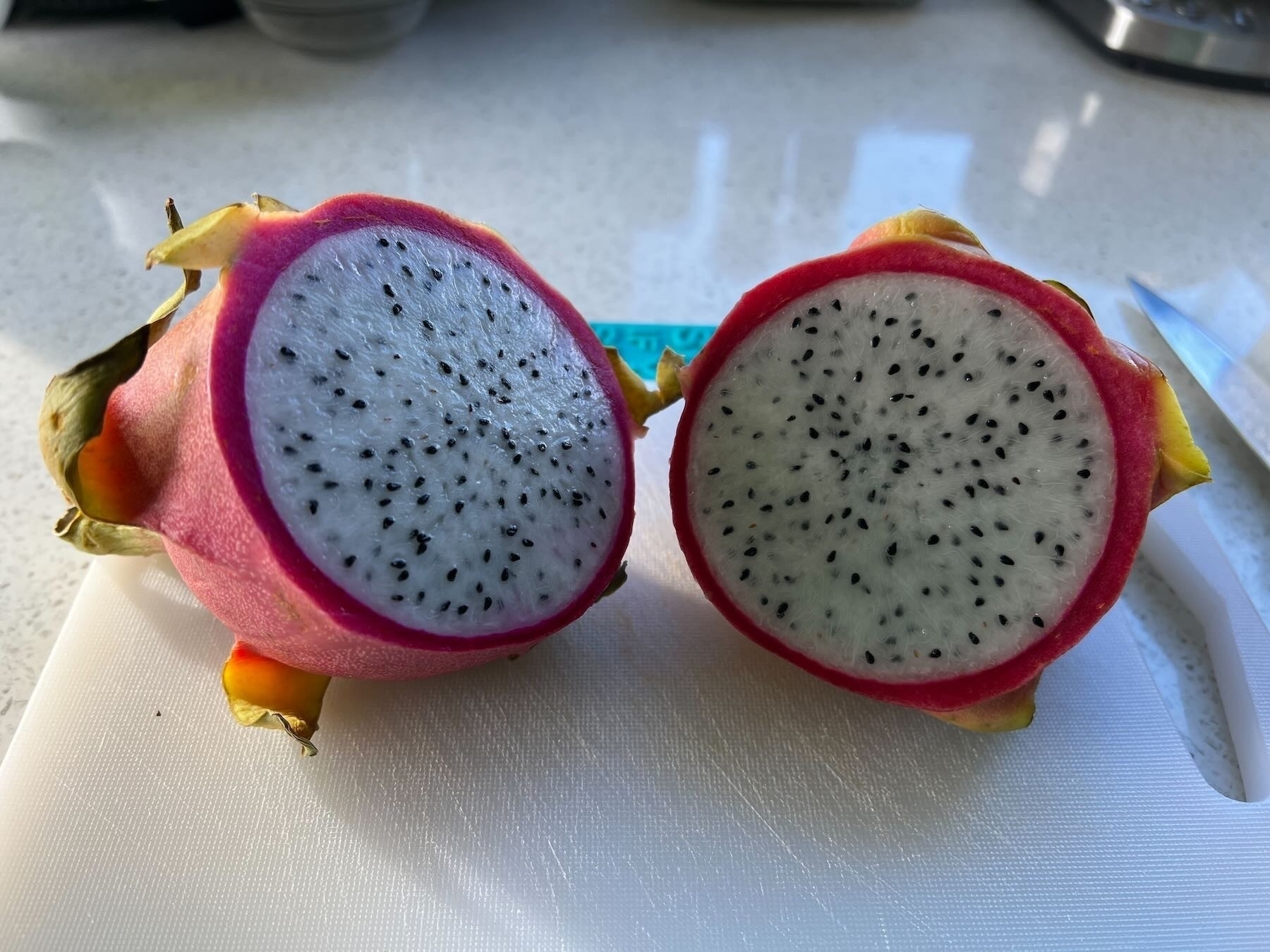 Dragonfruit cut open. Inside is white flesh with black dots. 