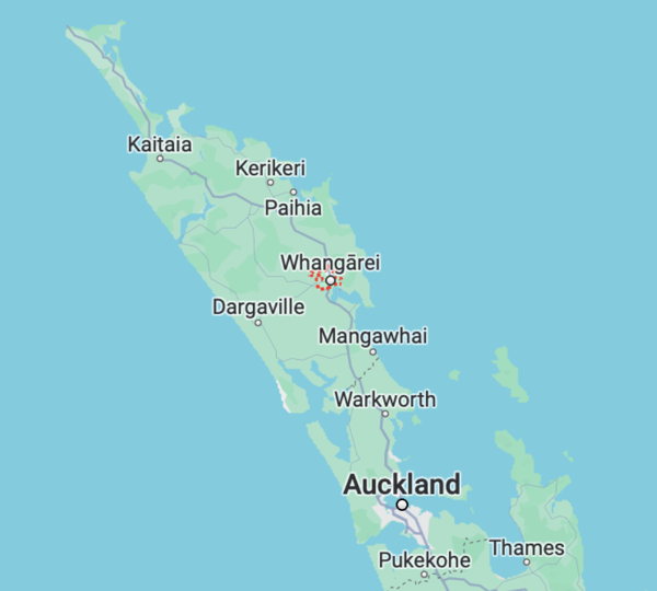 Map shows location of Whangārei north of Auckland. 