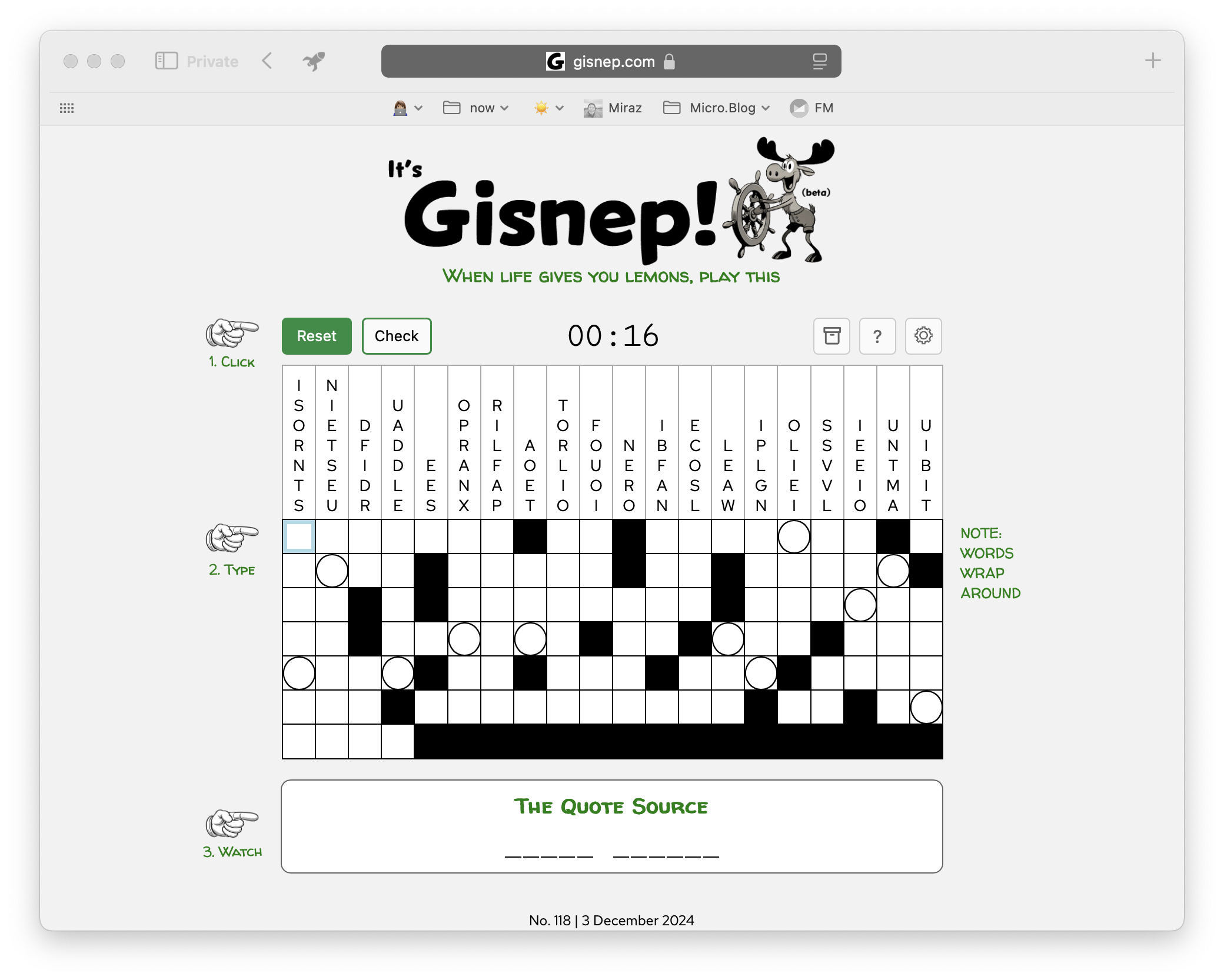 Screenshot of a word puzzle where you have to fgure out a quote from letters and empty squares provided.