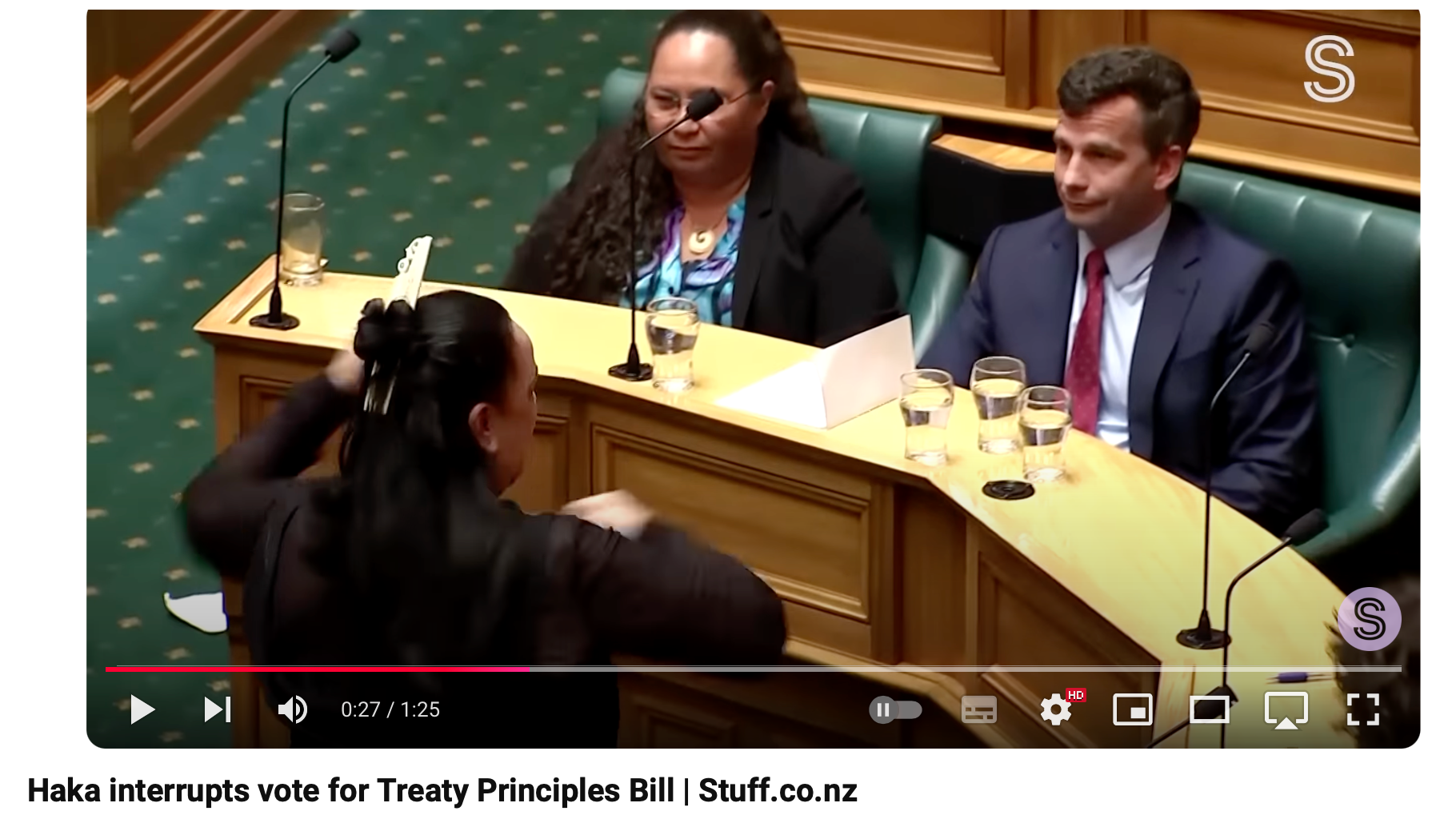 Screenshot shows Māori MP performing a haka directly in front of the MP who introduced the Bill. 