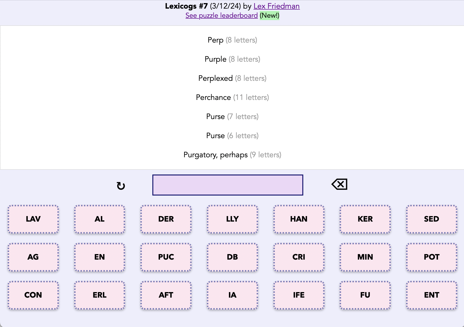 Screenshot shows clues and word components to assemble to answer each clue. 