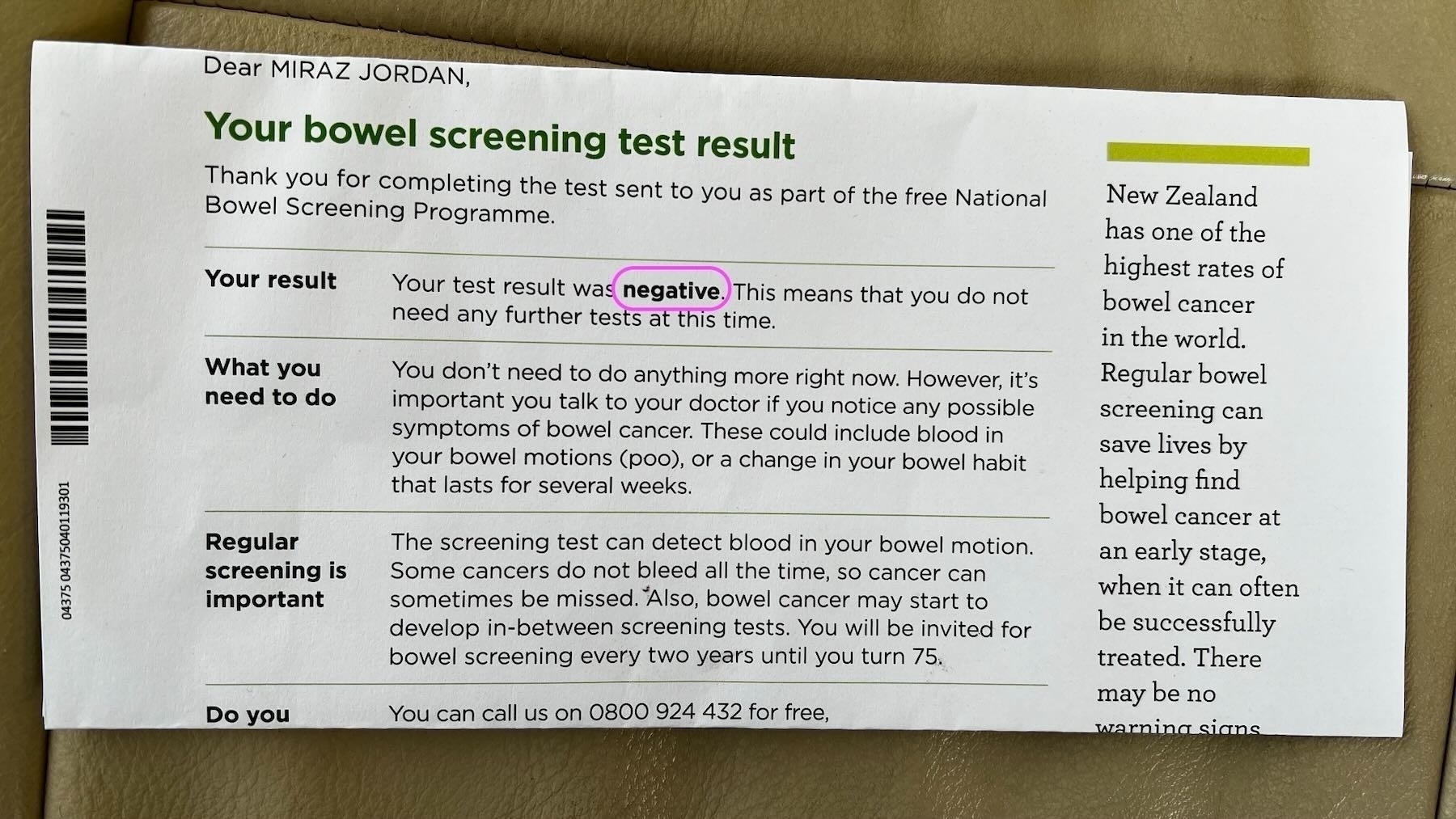 Letter that tells me the negative result. 